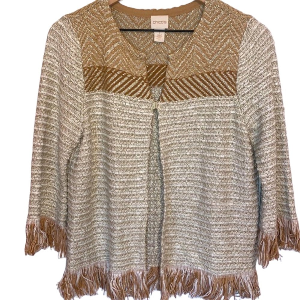 Chico’s Fringe Cuff hem Hook Latch Gold Silver Sparkle Cardigan Size 0